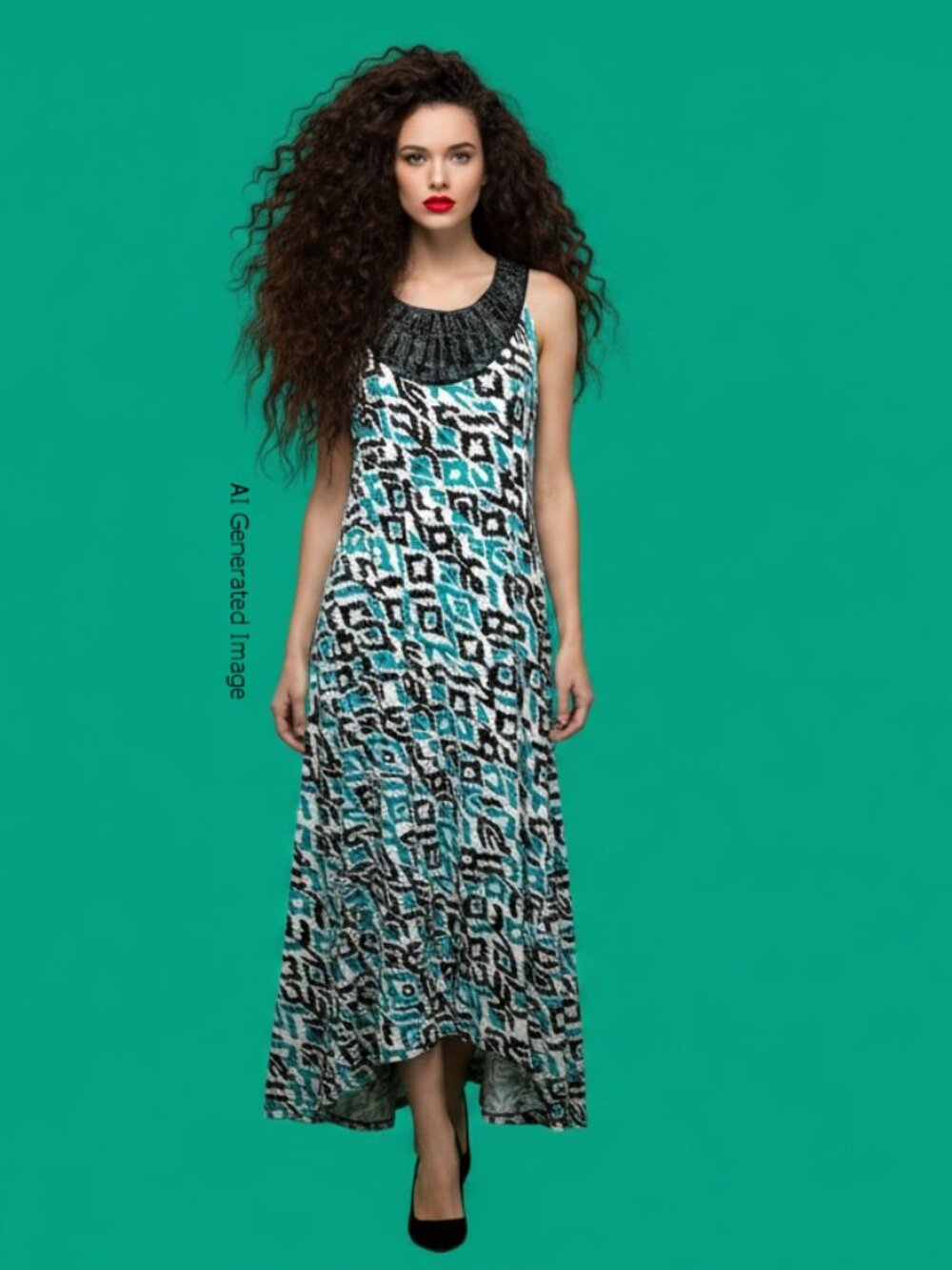 Brochure Geometric Midi Beaded Neckline Teal Black Stretchy Dress Size M